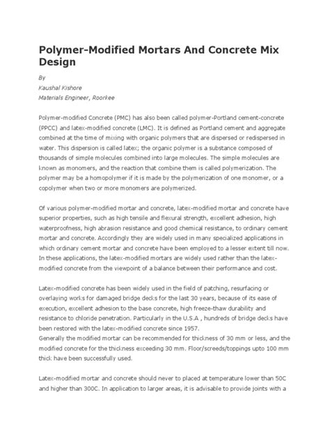 Polymer - Modified Mortars and Concrete Mix Design | PDF | Concrete | Cement