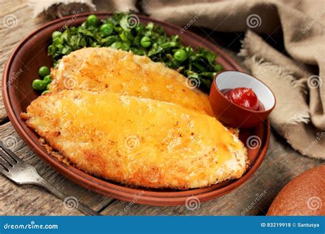 Chicken Cheese Schnitzel with Green Salad and Tomato Sauce Stock Photo - Image of gourmet, fried ...