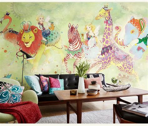 Newest 3d Forest animal Wall Photo Mural for Kids Room Kindergarten 8d wall Mural Cartoon Lion ...