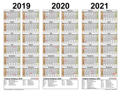 2019-2021 Three Year Calendar - Free Printable Word Templates