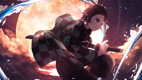 Demon Slayer Tanjirou Kamado Having Sword With Background Of Moon And Clouds HD Anime Wallpapers ...