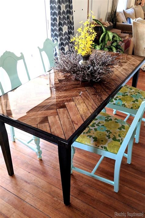 DIY Wooden Herringbone Dining Table with glossy epoxy and tapered legs ...