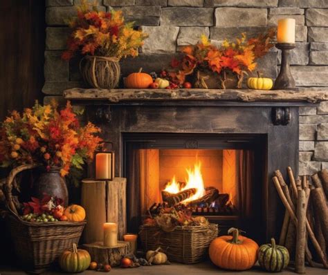 Premium AI Image | A cozy fireplace adorned with autumn decorations