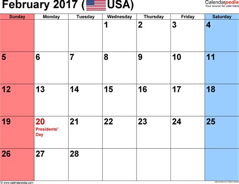 February 2017 - calendar templates for Word, Excel and PDF