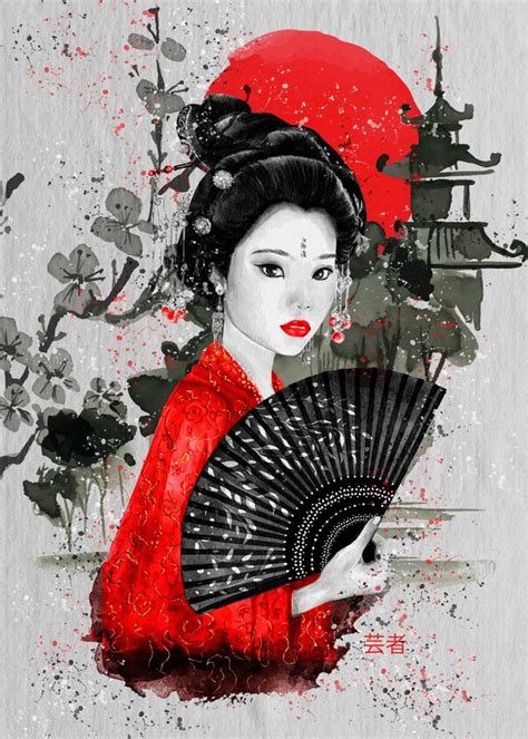 'Geisha With Fan' Poster, picture, metal print, paint by Lucia Schwarzgruber | Displate ...