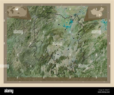 Hunan, province of China. High resolution satellite map. Locations of major cities of the region ...