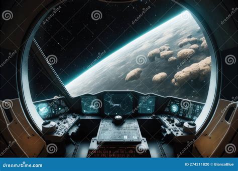 Outer View of Spaceship Window with Control System Room. Stock ...