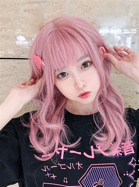 Pink E-Sports Beautiful Girl Short Curly Hair Sweet Air Bangs Lolita Wigs