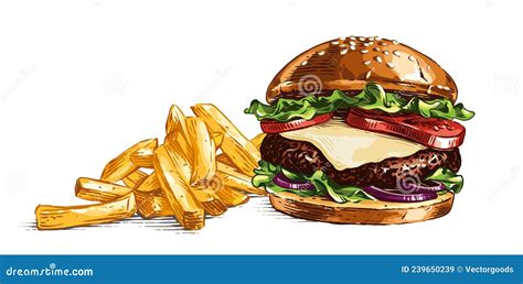 Colour Burger and French Fries Hand Drawing Sketch Engraving Illustration Style Stock Vector ...