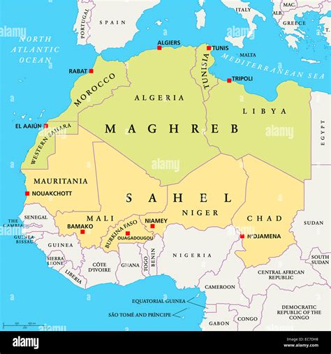 Maghreb and Sahel Political Map with capitals and national borders ...