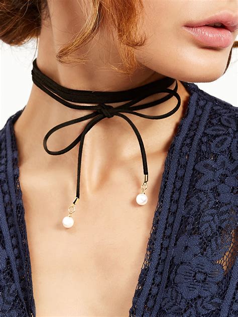 Shop Black Bow Faux Pearl Wrap Choker Necklace online. SheIn offers Black Bow… | Choker necklace ...