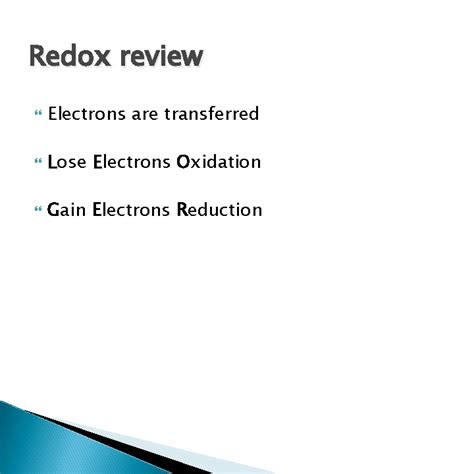 Electrochemistry Putting redox reactions to work Redox review