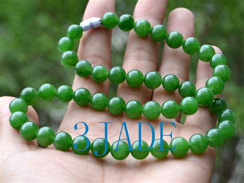 18" A Grade Natural Green Nephrite Jade Beads Necklace w/ Certificate ...