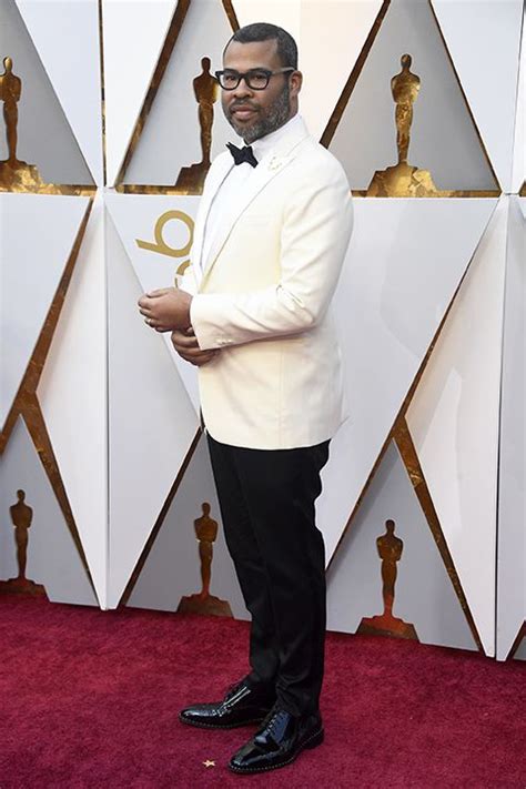 2018 academy awards jordan peele white tuxedo jacket with a white dress shirt and black bow tie ...