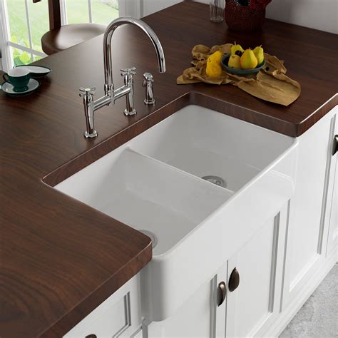 double farmhouse sink glossy white finish centered drains flat front ...