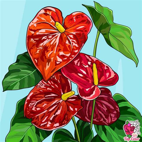 Red Flowers Painting with Green Leaves