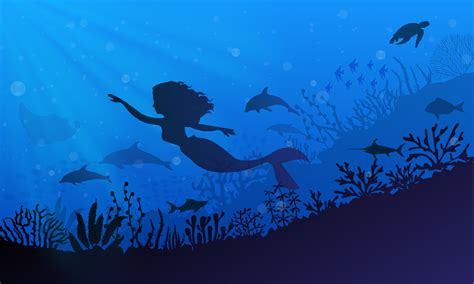 silhouette of mermaid with dolphin and reef. Mermaid underwater ...