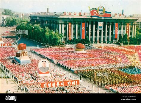 Huge demonstration in Kim il Sung Square, Pyongyang with banners an a ...