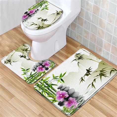 3 pcs Green Bamboo Bath Mat Set Zen Garden Purple Flower Plant Leaves Stone Scenery Non-Slip Rug ...