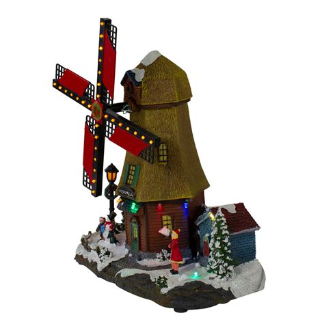 12" Brown LED Lighted & Animated Winter Windmill Village Scene with ...