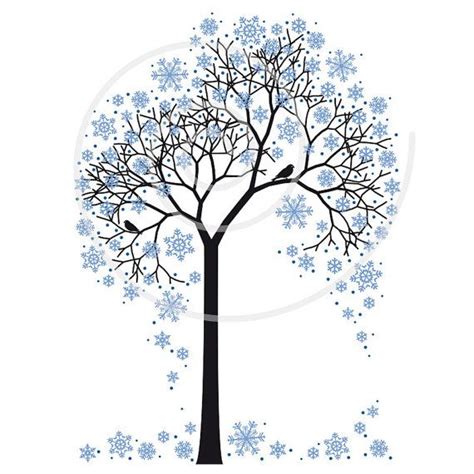 Winter Tree Digital Clip Art With Snowflakes and Birds, Illustration, Art Print, Printable Art ...