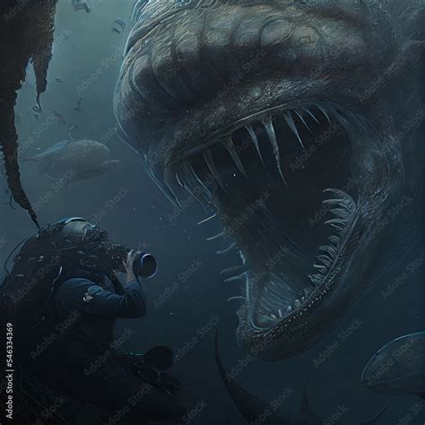 Underwater horror whale ocean deep sea creature concept art, bones ...