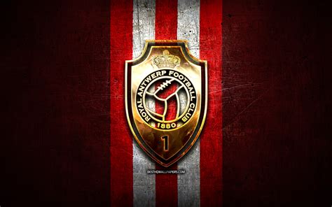 Download wallpapers Royal Antwerp FC, golden logo, Jupiler Pro League, red metal background ...