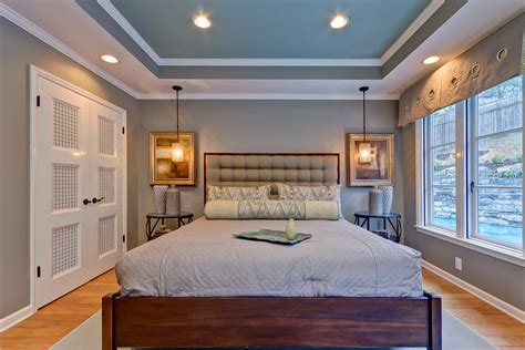 tray ceilings paint bedroom transitional with white window trim iron pendant lights | Master ...