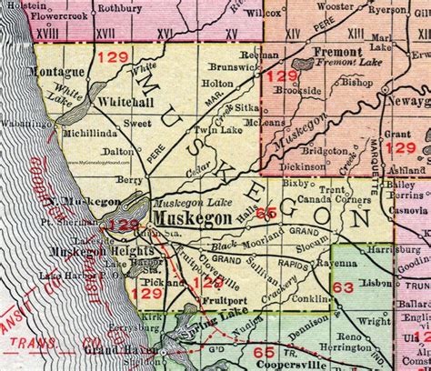 Muskegon County, Michigan, 1911, Map, Rand McNally, Montague, Whitehall, Muskegon Heights, North ...