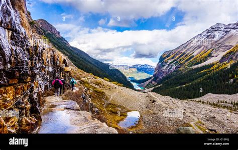 Hiking down to Lake Louise with Fairview Mountain on the hiking trail ...