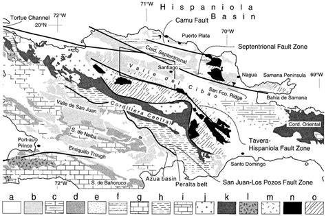 Geology of Hispaniola. The location of figure 3 is outlined in the ...