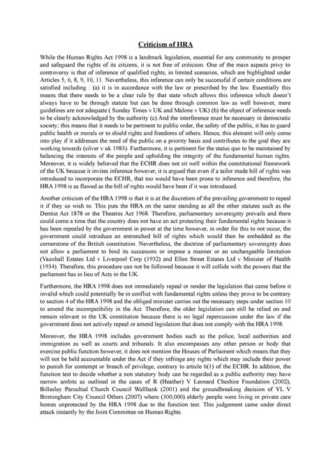 Criticism of HRA essay - Criticism of HRA While the Human Rights Act 1998 is a landmark ...