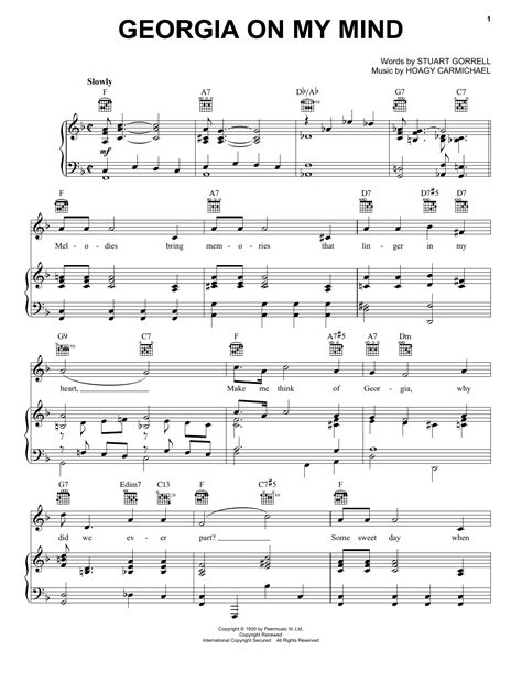 Georgia On My Mind by Ray Charles Sheet Music for Piano, Vocal & Guitar ...