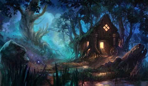 Enchanted Forest Night House - HD Wallpaper by Anna Anikeyka