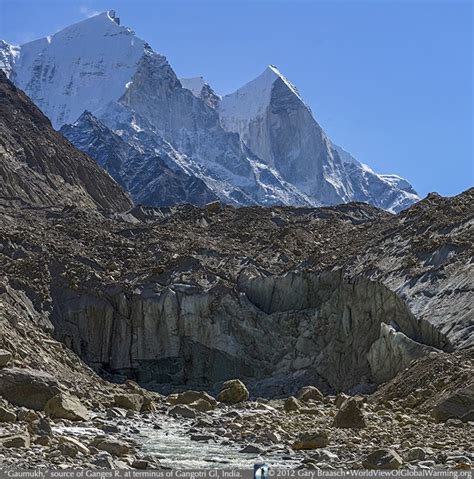 Gaumukh, the sacred glacier source of the Ganges River, where the Bhagirathi River appears right ...