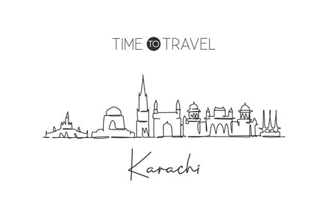 Single continuous line drawing Karachi city skyline, Pakistan. Famous ...