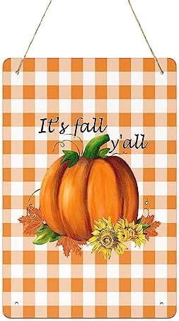 Funny Metal Signs Tin Painting Sign Orange White Buffalo Check Pumpkins Sunflower and Leaves ...