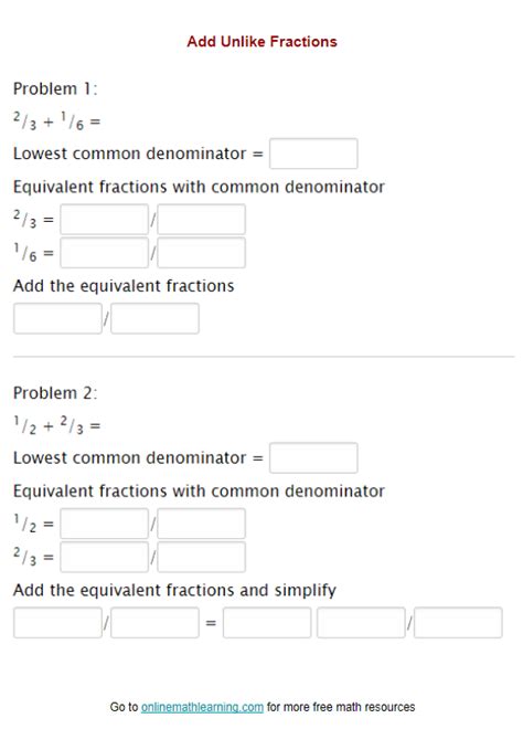 Add Unlike Fractions Worksheet (examples, answers, videos, activities)