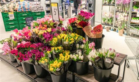 Sale of Flowers of Tulips and Roses in a Supermarket. Flower Market, Editorial Stock Image ...