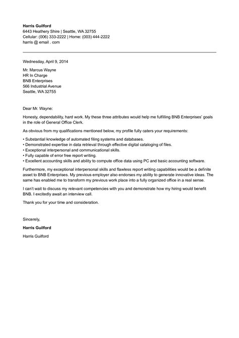 Office Clerk Job Application Letter | Templates at allbusinesstemplates.com