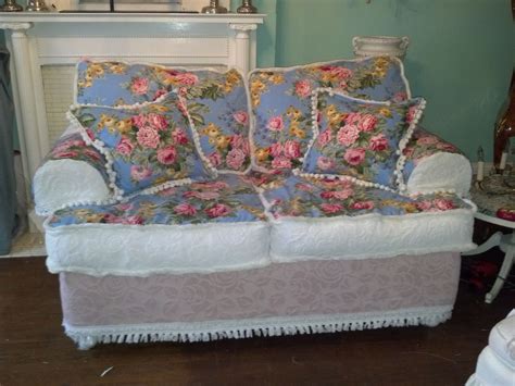 slipcovered shabby chic sofa with ralph lauren fabric and vintage chenille bedspreads custom ...