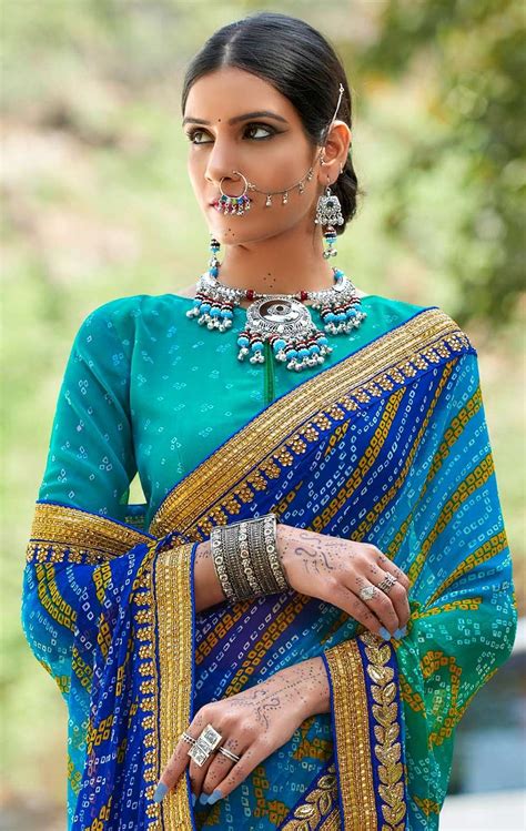 Latest Green and Blue Gujarati Bandhani Saree with Golden Gota Lace Border | Bandhani saree ...