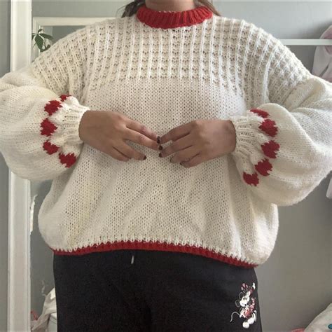 Red and White Heart Sweater ️ This is a hand... - Depop