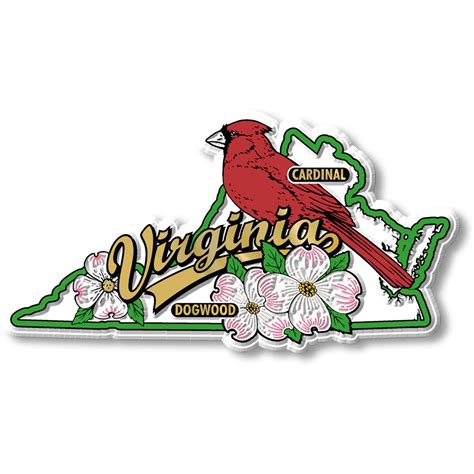 Virginia State Bird & Flower Map Magnet design features a Cardinal