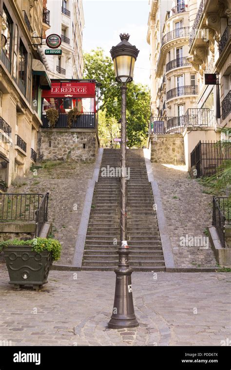 Paris Montmartre street - Stairs leading to the Refuge cafe on Rue Lamarck in Montmartre, Paris ...