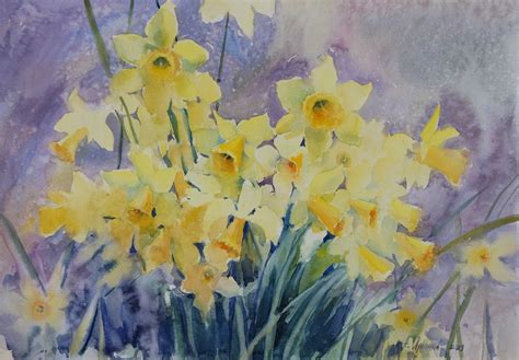 The time of yellow daffodils Painting by Hanna Lukaniuk