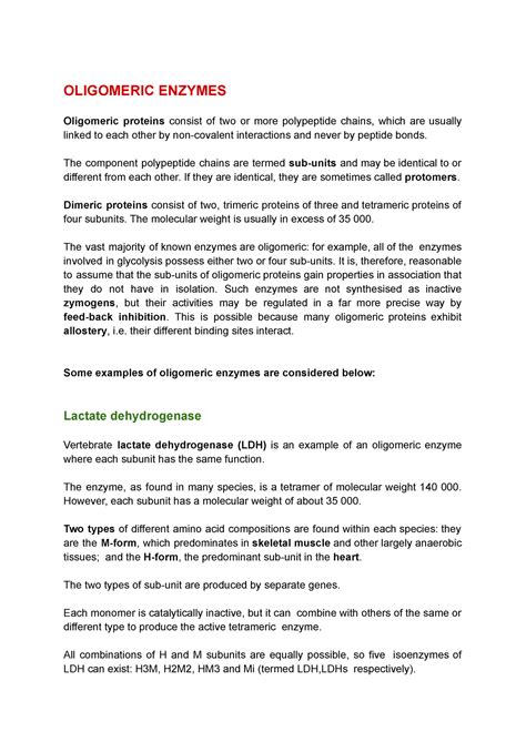 Oligomeric enzymes-1 - Useful important notes - OLIGOMERIC ENZYMES Oligomeric proteins consist ...