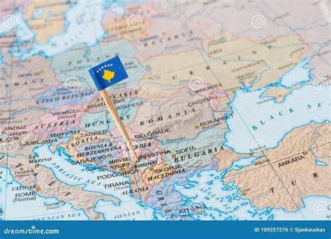 Kosovo map and flag pin stock photo. Image of balkans - 109257276