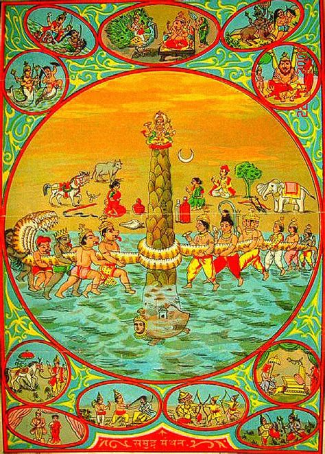 The churning of the Ocean of Milk, in a bazaar art print, c.1910's; the ...