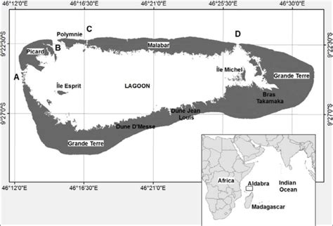 Location of Aldabra Atoll and map of Aldabra showing the four main... | Download Scientific Diagram